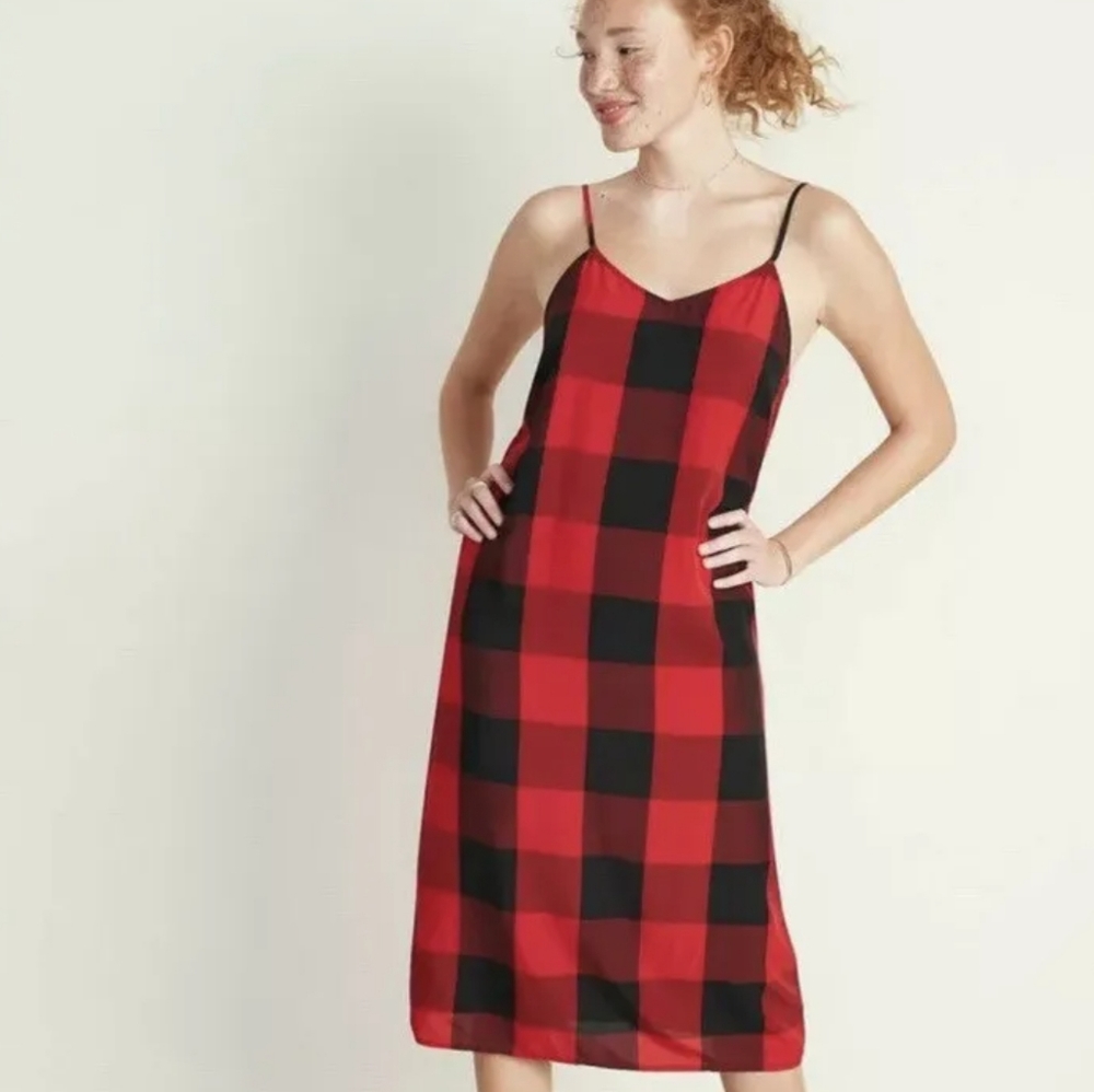 Old Navy Red & Black Plaid Sleeveless Slip Dress Slip Dress Size Medium